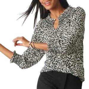 Talbots SALE! Smocked Ruffled Blouse Black White Animal Print 3/4 Sleeve sz MP